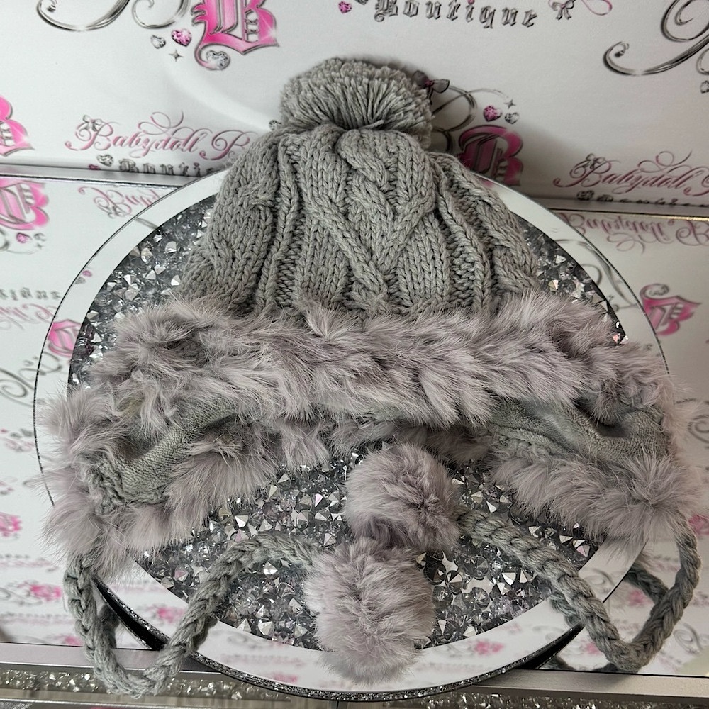Hat trapper Gray Knit Pom Pom Hat rabbit Fur Trim